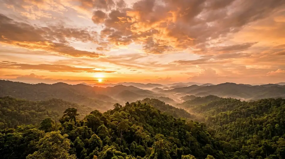 Pemandangan bukit waktu golden hour dalam jendela kamera simulator